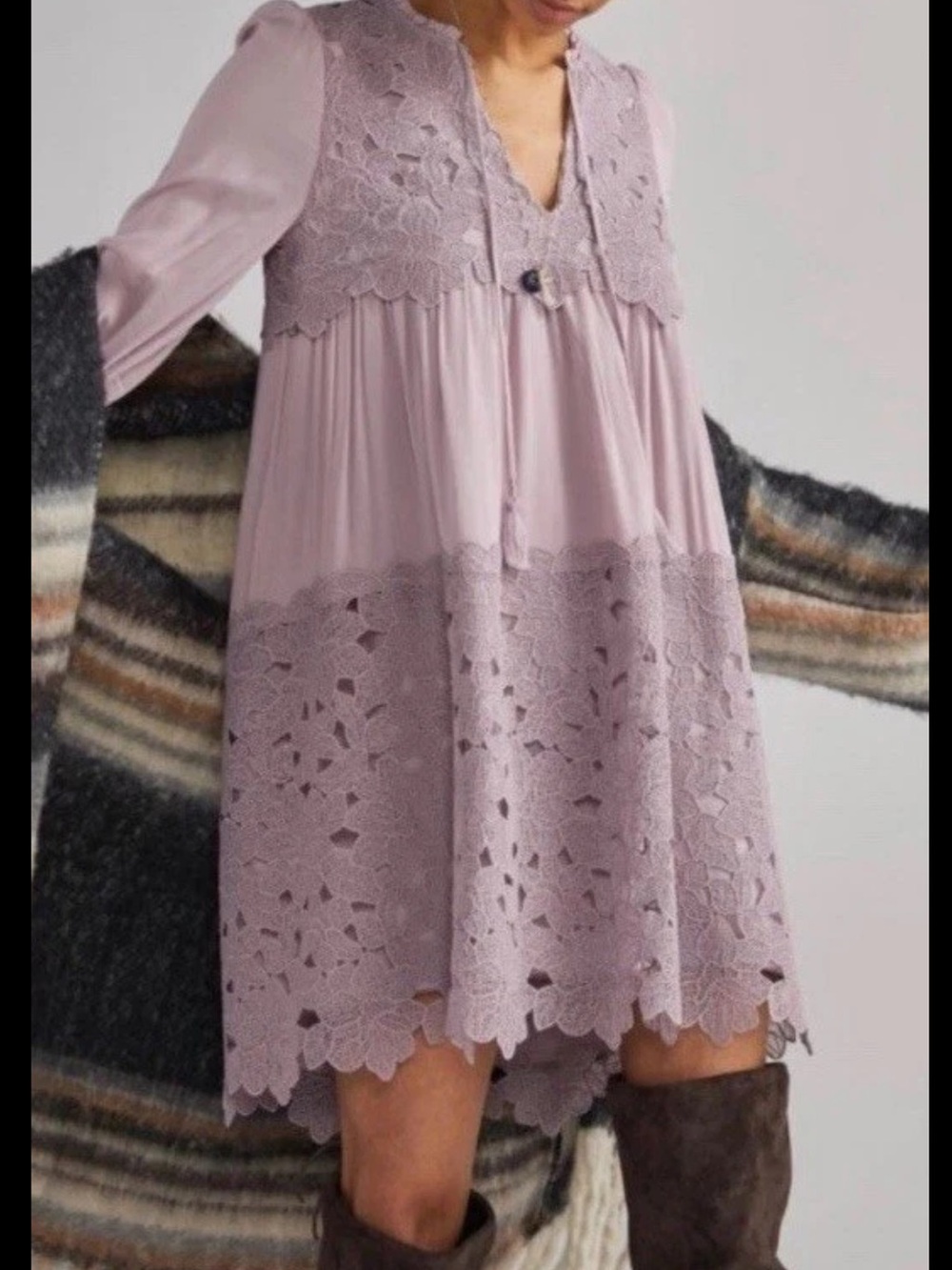 Anthropology Embroidered Lace Bohemian Long Sleeve Tunic Dress - Lilac - Size S